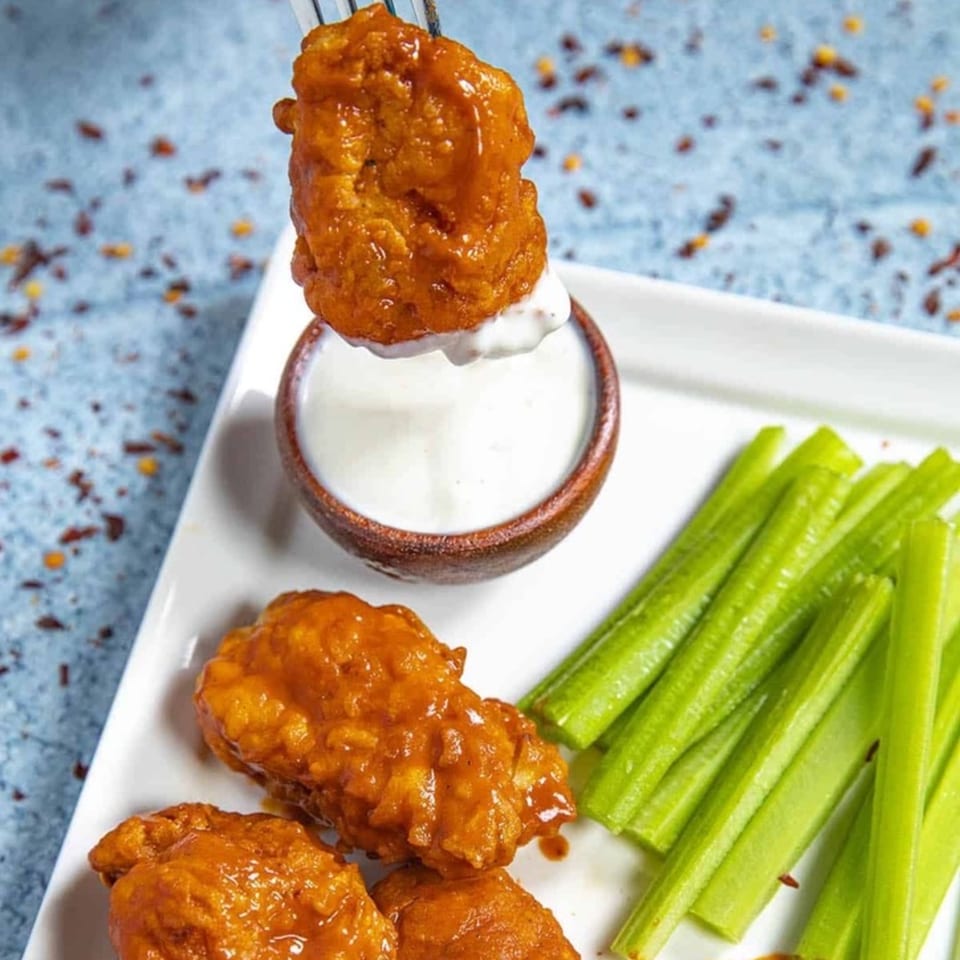 A fork dips a US Fried Chicken boneless wing into a small bowl of ranch dressing, with celery sticks.