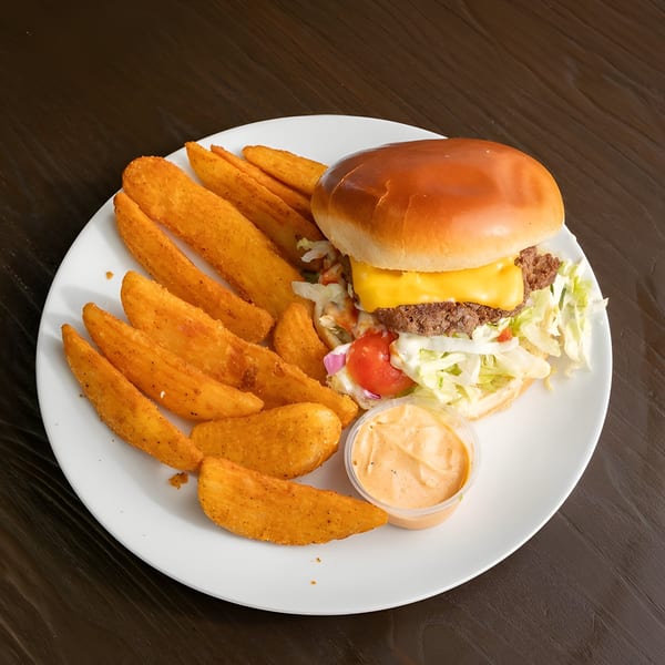 A cheeseburger with lettuce, tomato, and onion, served with seasoned potato wedges and dipping sauce.