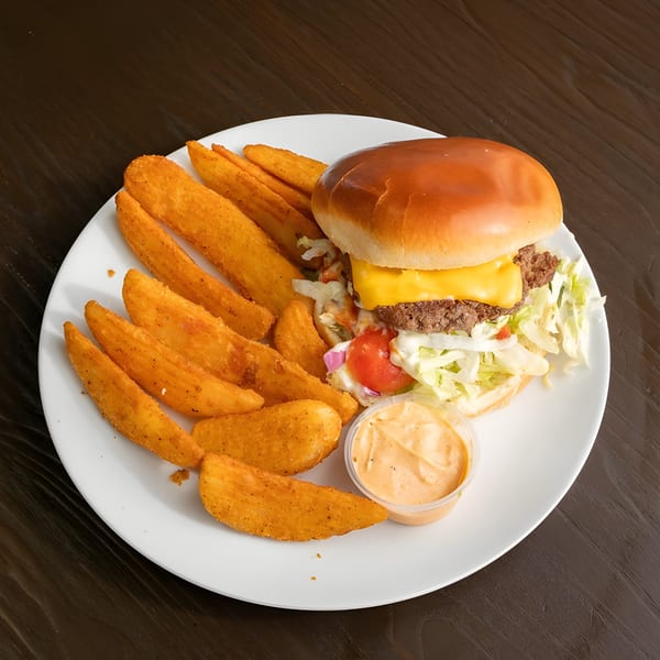 Cheeseburger with lettuce, tomato, and onion, served with potato wedges and dipping sauce on a white plate.
