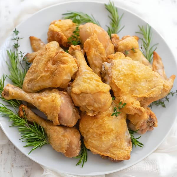 A white plate piled high with golden-brown fried chicken pieces, garnished with fresh rosemary and thyme.