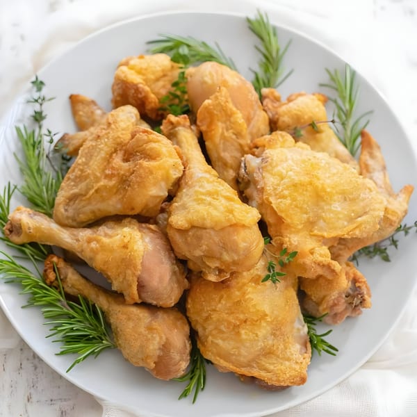 Golden-brown fried chicken pieces, including drumsticks, wings, and thighs, garnished with fresh rosemary and thyme.