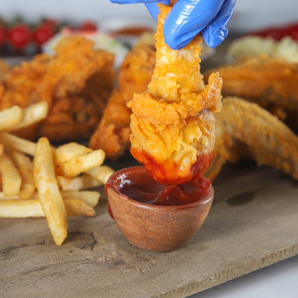 A gloved hand dips a crispy fried chicken drumstick into a small bowl of ketchup, with fries nearby.