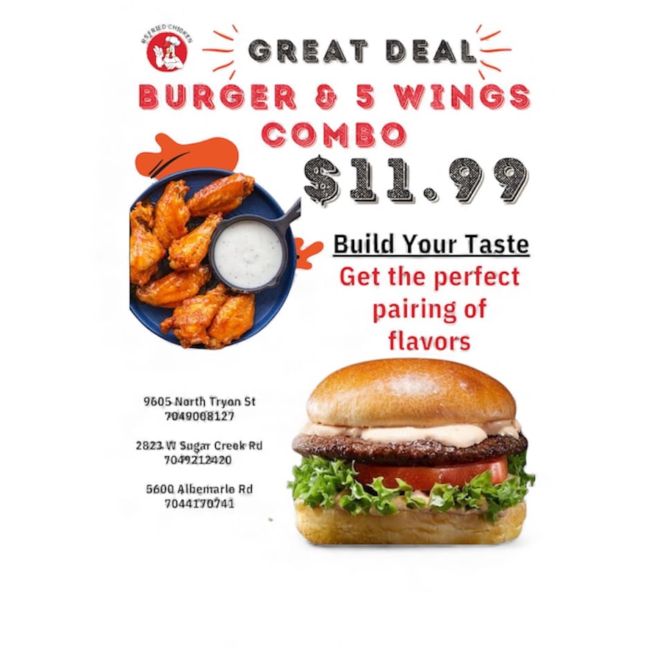 Cheese Burger & Wings(5) Combo Special.