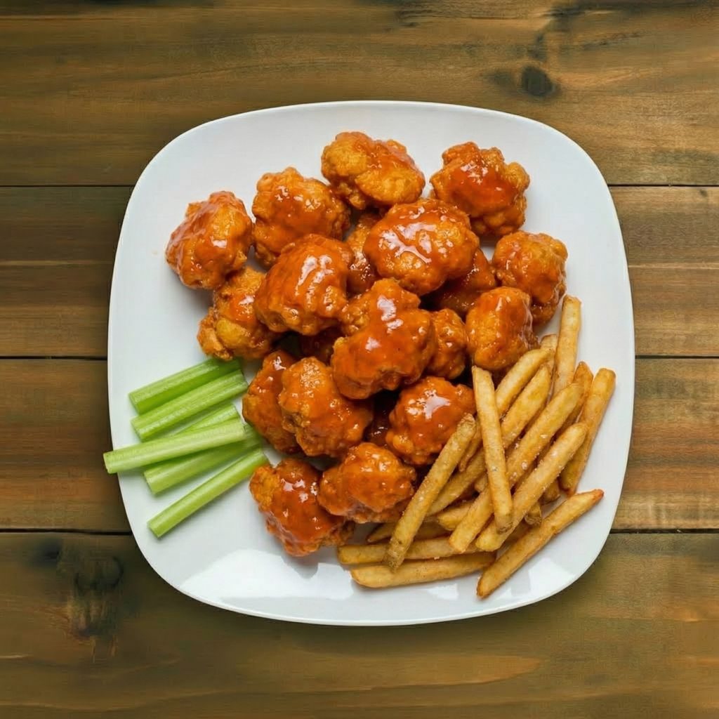 15 Piece boneless wings with fries.