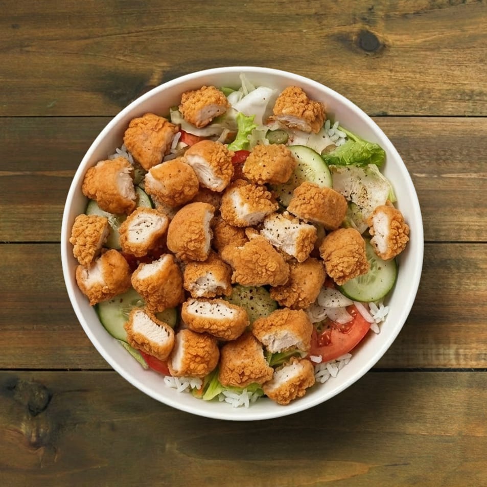 Fried chicken over rice.